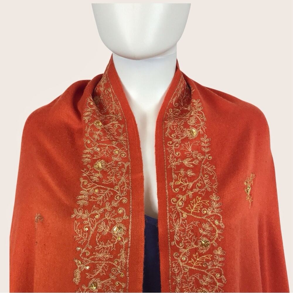 Pashmina Cashmere Blanket Scarf Wrap Orange Gold Embroidered Thread & Sequin - Picture 4 of 12